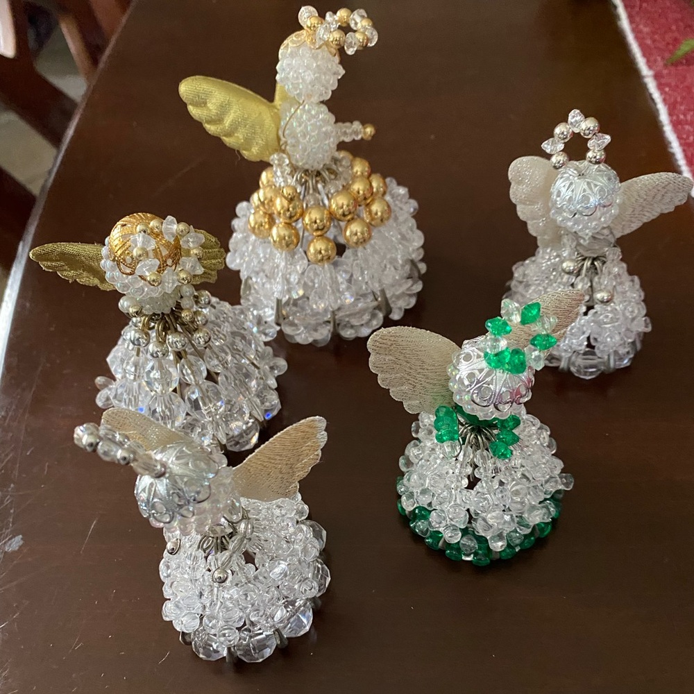 Five Vintage Safety Pin Beaded Angel Figurines with Gold and Green Accents
